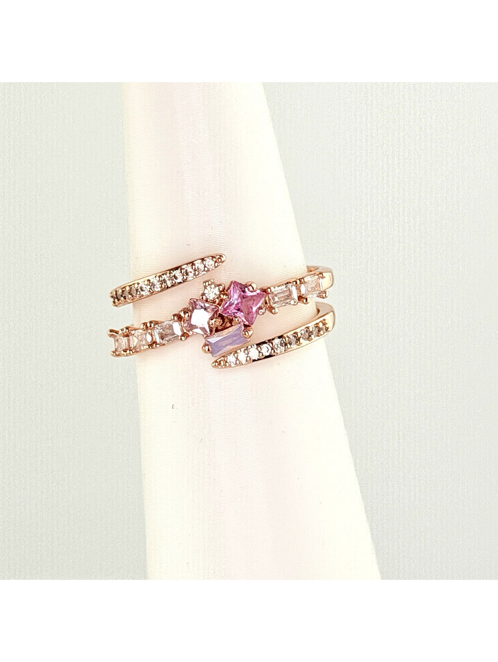 Bomb Party Sz 10 "Twist Twice, Stay Forever" Pink Corundum, Moonstone Rose Gold